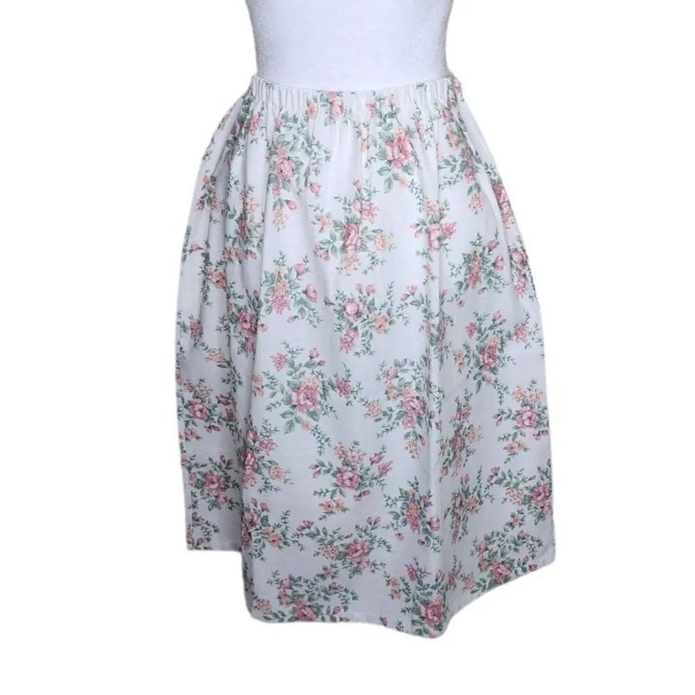 Vintage 80s Prairie Midi Skirt Womens Size M White Pink Floral Romantic Cottage